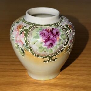 Antique Nippon Hand Painted Vase Gold Beads, Roses & Floral 5"